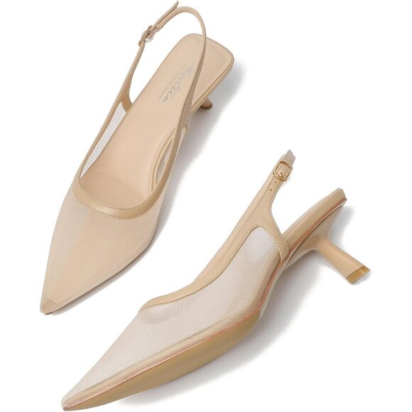 Mostrin Kitten Heels Nude Mesh Low Slingback Heels with Buckle Dress Shoes - Picture 8 of 9